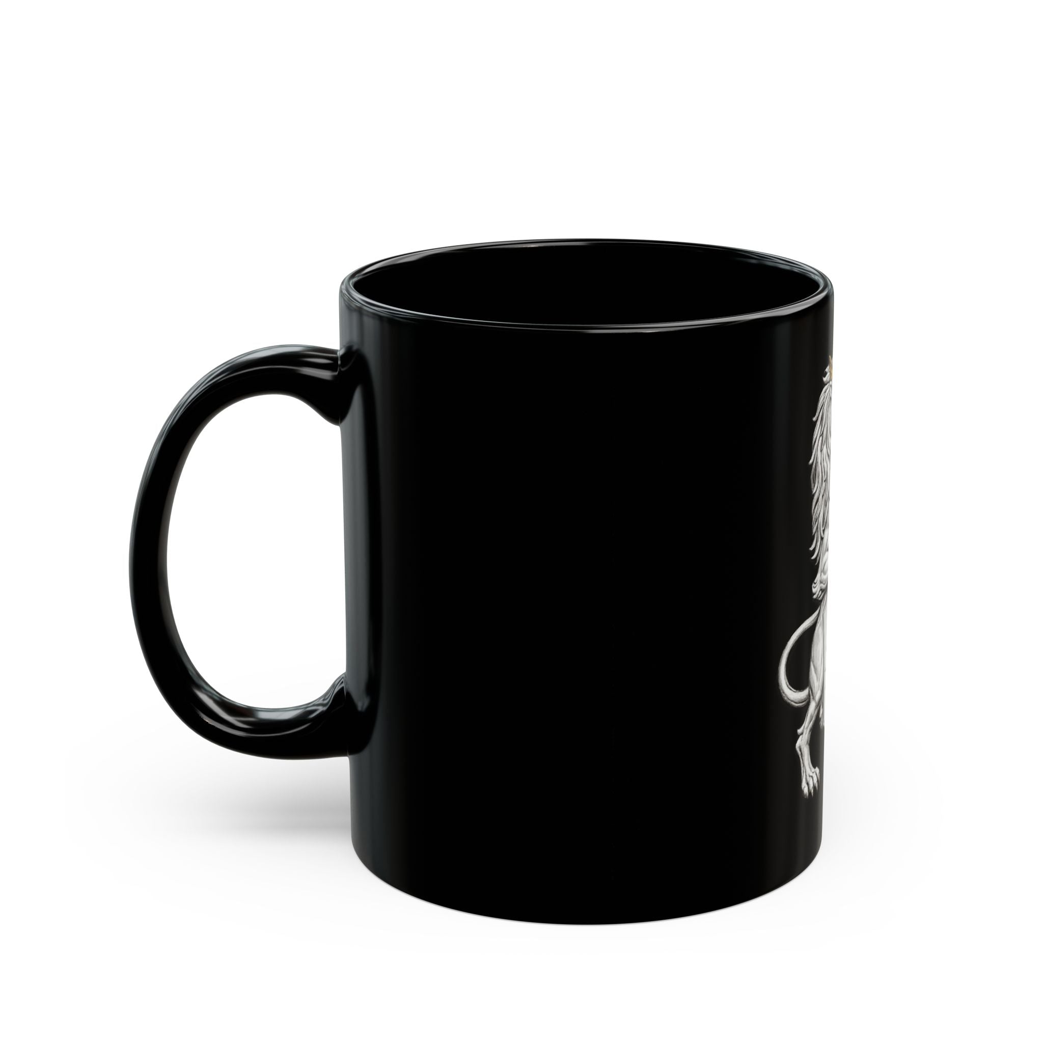 Regal Lion Crest Black Mug – Crowned Lion with Sun Shield, Medieval Heraldry Coffee Cup