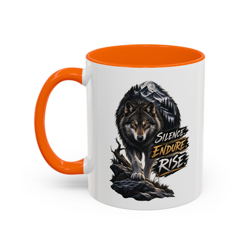 Wolf Graphic Coffee Mug — "Silence Endure Rise" Accent Ceramic Mug (11/15oz)