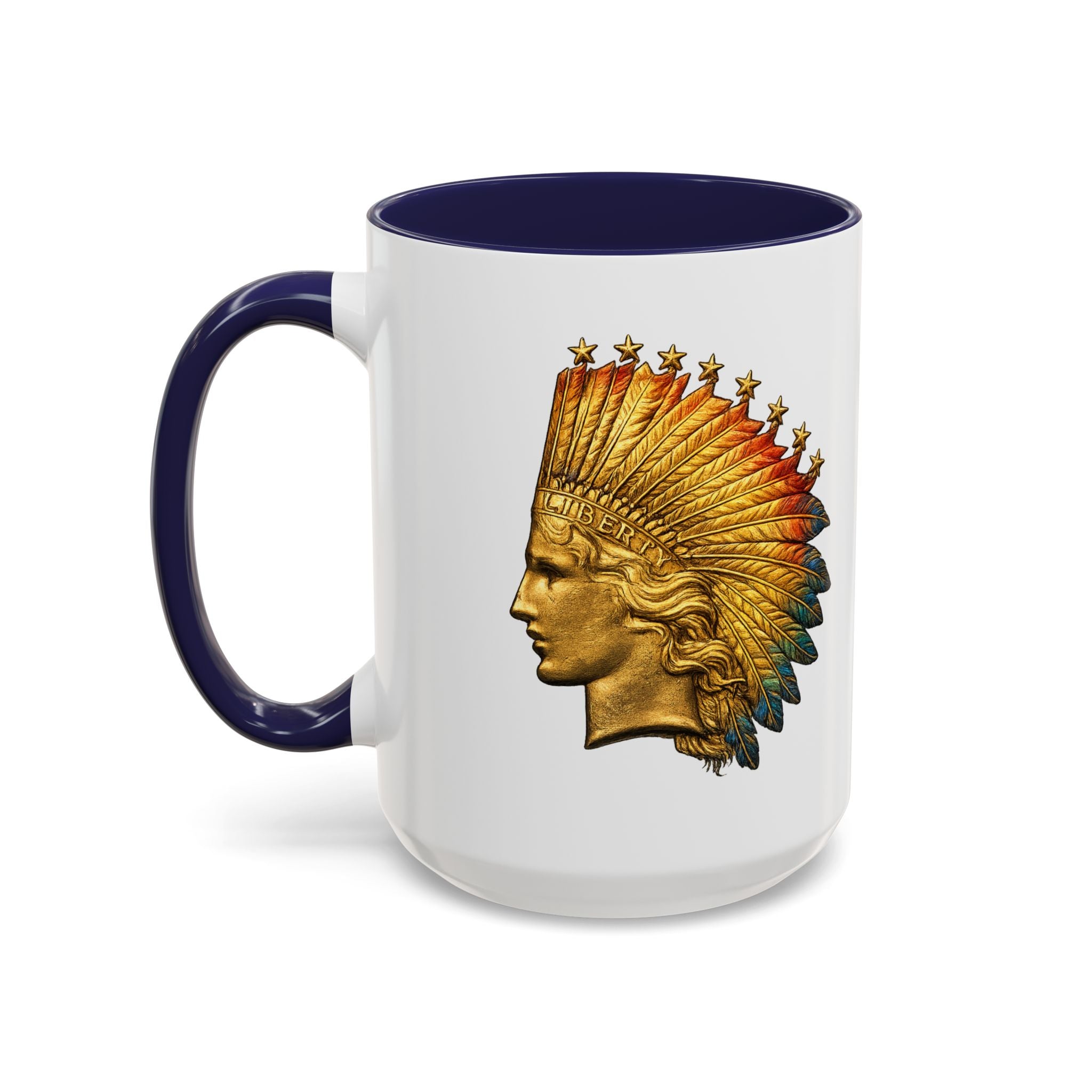 Golden Native Headdress Accent Coffee Mug – Vintage Indian Chief Design (11/15oz)
