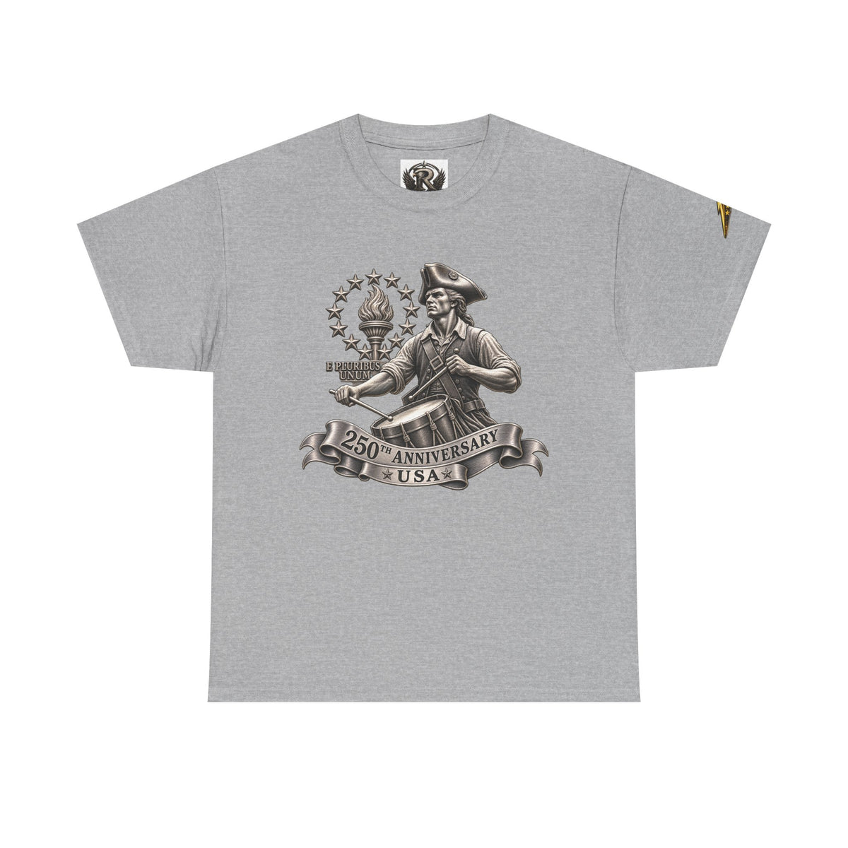 250th Anniversary USA Patriotic T‑Shirt — Revolutionary Soldier & Waving Flag Tee