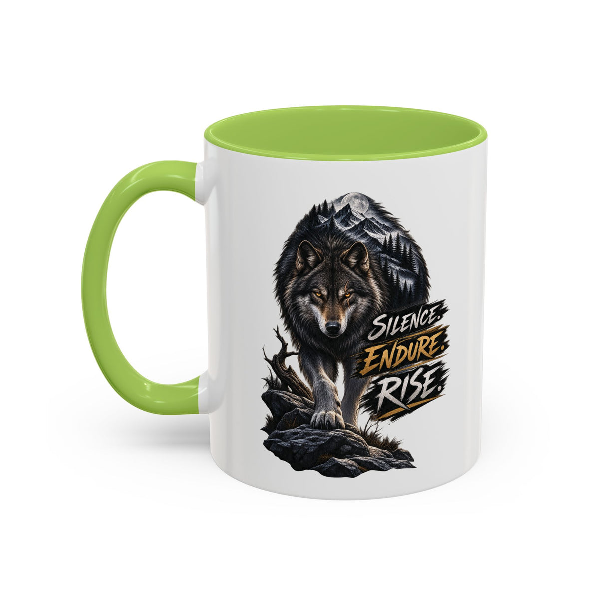 Wolf Graphic Coffee Mug — "Silence Endure Rise" Accent Ceramic Mug (11/15oz)