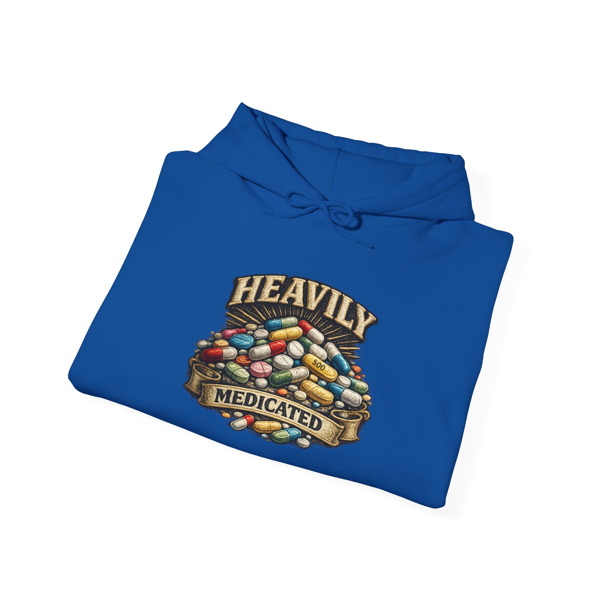 Heavily Medicated Hoodie — 'Heavily Medicated' Pill Pile Graphic Pullover