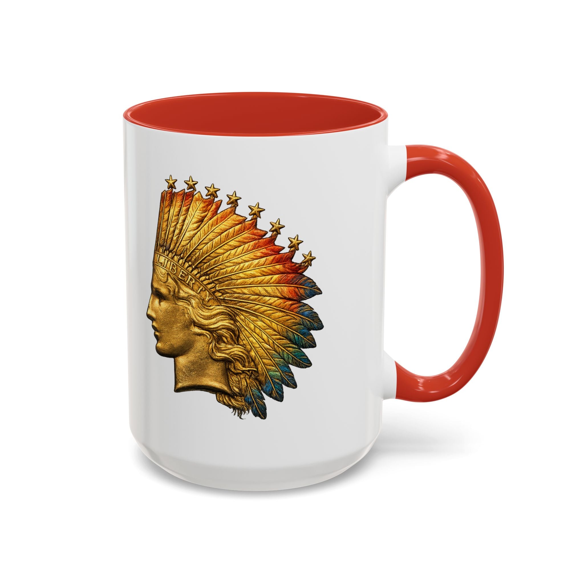 Golden Native Headdress Accent Coffee Mug – Vintage Indian Chief Design (11/15oz)