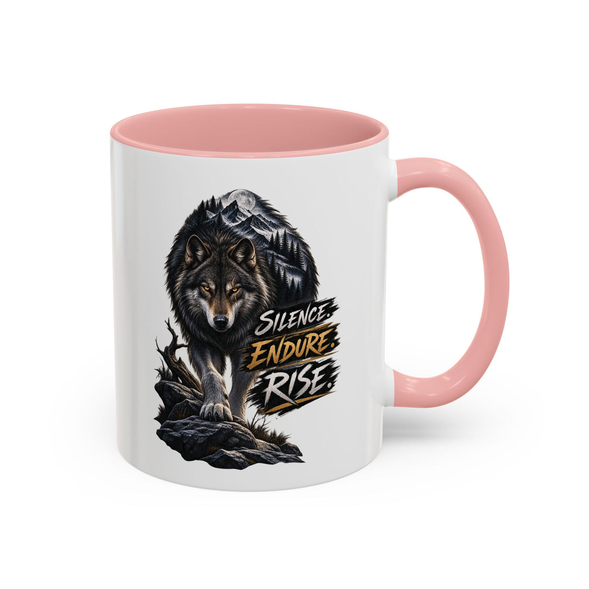Wolf Graphic Coffee Mug — "Silence Endure Rise" Accent Ceramic Mug (11/15oz)