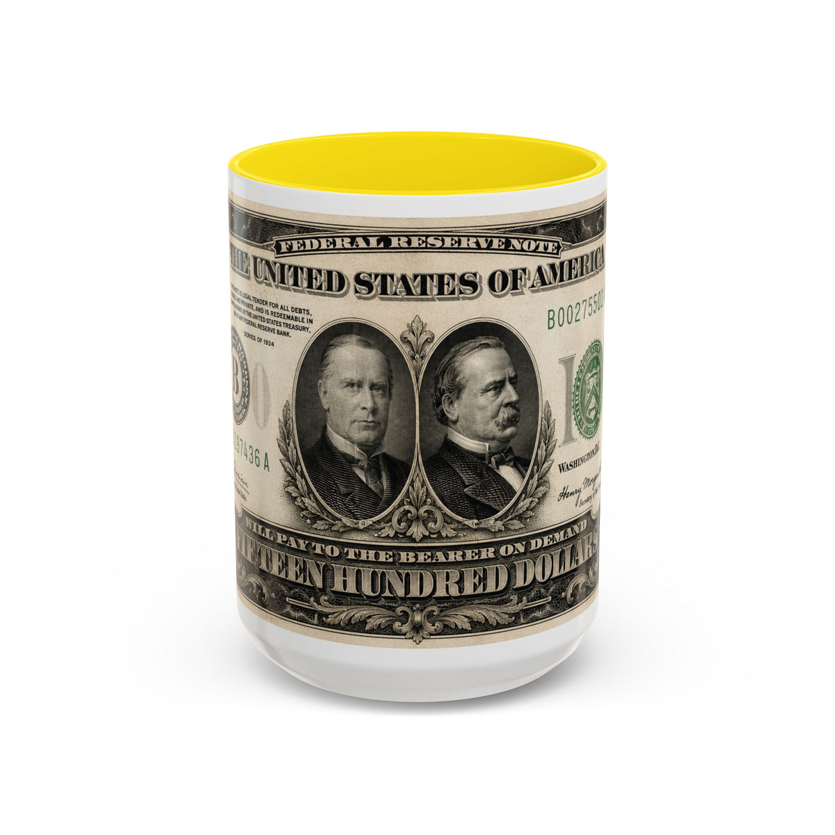 Money Print Coffee Mug — Vintage 1000 & 500 Note Accent Mug