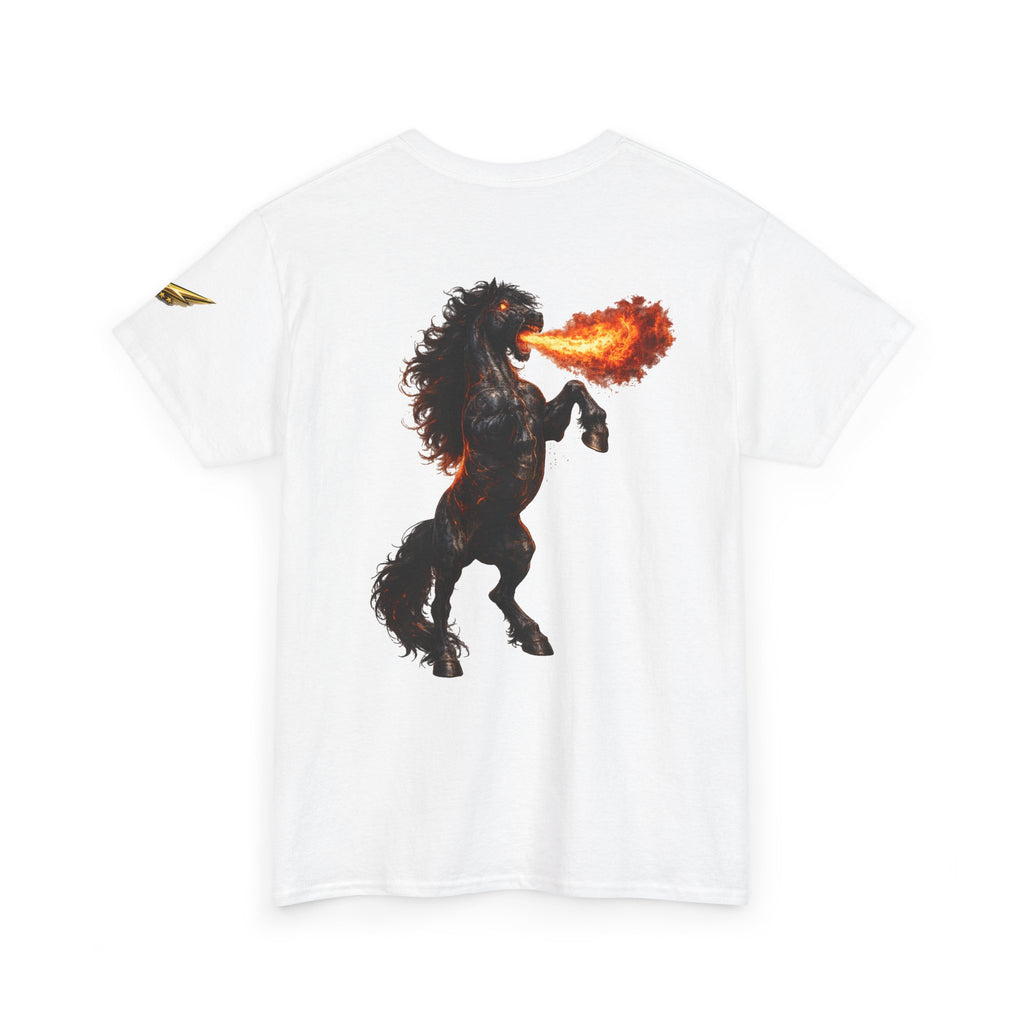 Fire-Breathing Horse Graphic Tee — Mythic Black Stallion Back Print