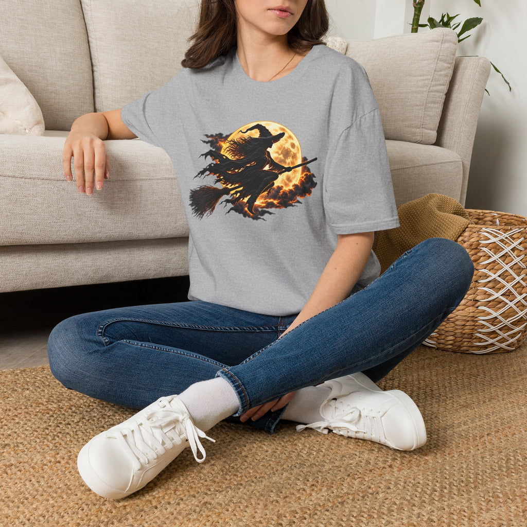 Witch Silhouette T-Shirt — Flying Witch & Full Moon Halloween Tee