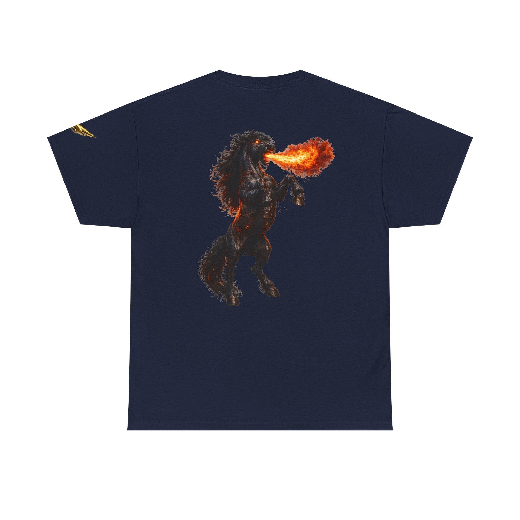 Fire-Breathing Horse Graphic Tee — Mythic Black Stallion Back Print
