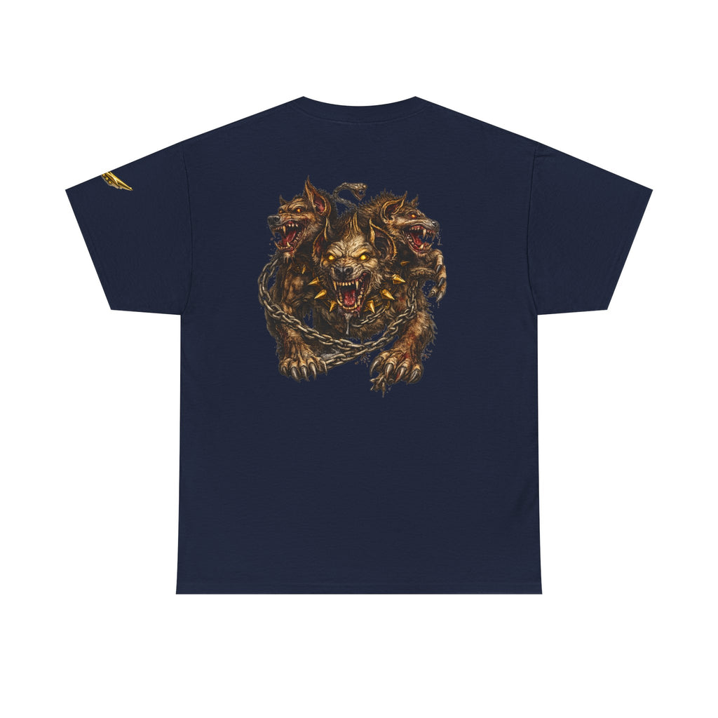 Three-Headed Hellhound Graphic Tee — Mythic Wolf Monster Back Print