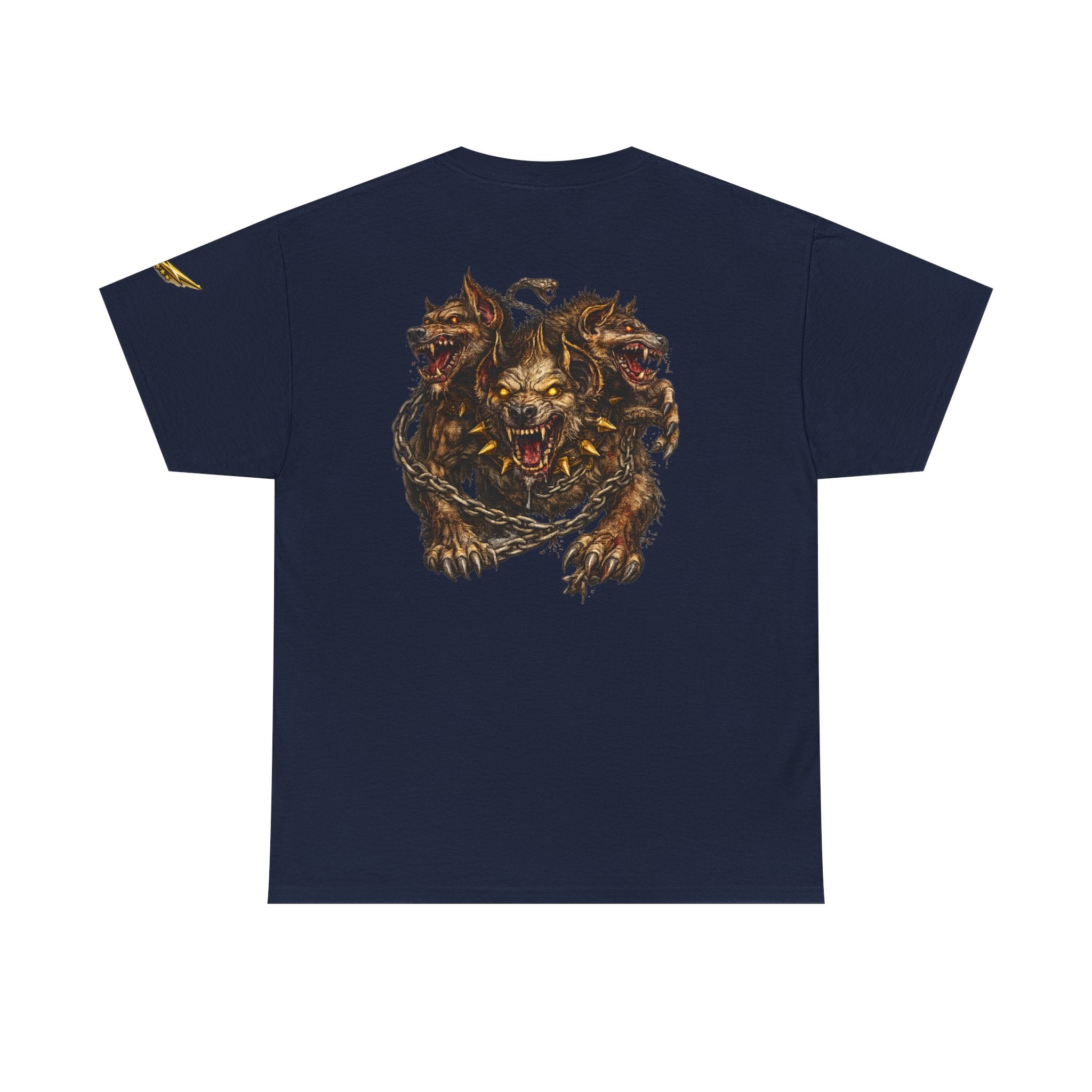 Three-Headed Hellhound Graphic Tee — Mythic Wolf Monster Back Print