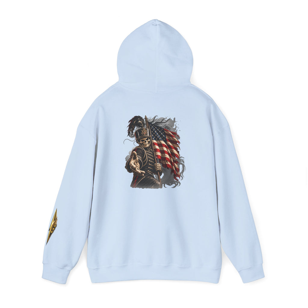 Patriotic Warrior Hoodie — American Flag Skull Back Graphic