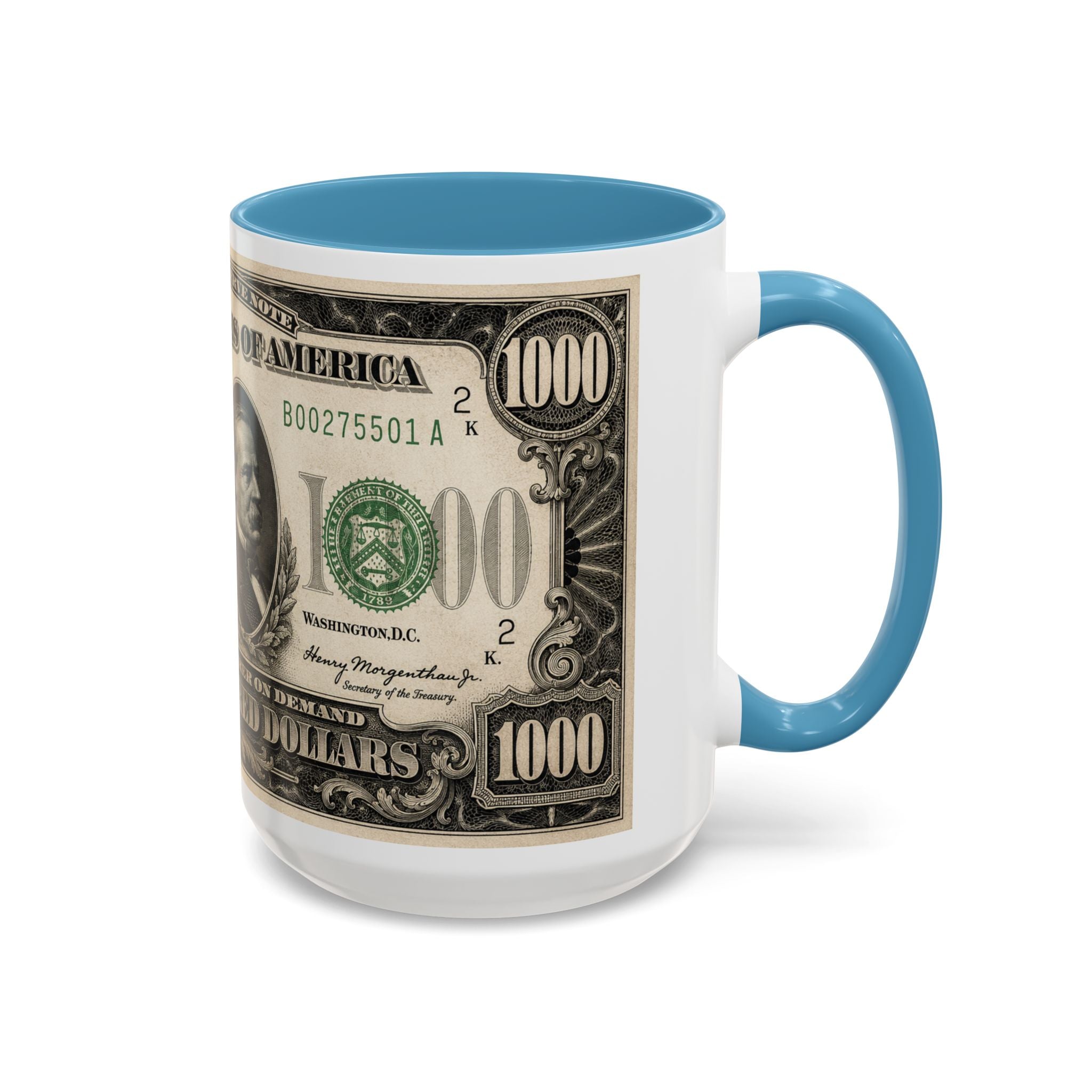 Money Print Coffee Mug — Vintage 1000 & 500 Note Accent Mug