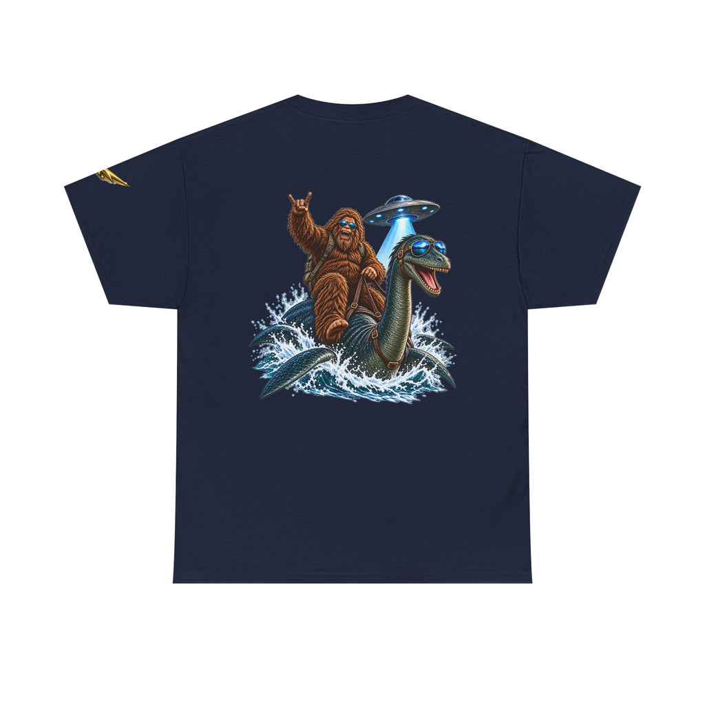 T-Shirt — Sasquatch Riding Loch Ness Monster with UFOs Graphic Tee
