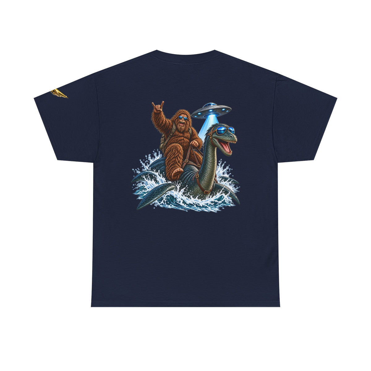 T-Shirt — Sasquatch Riding Loch Ness Monster with UFOs Graphic Tee