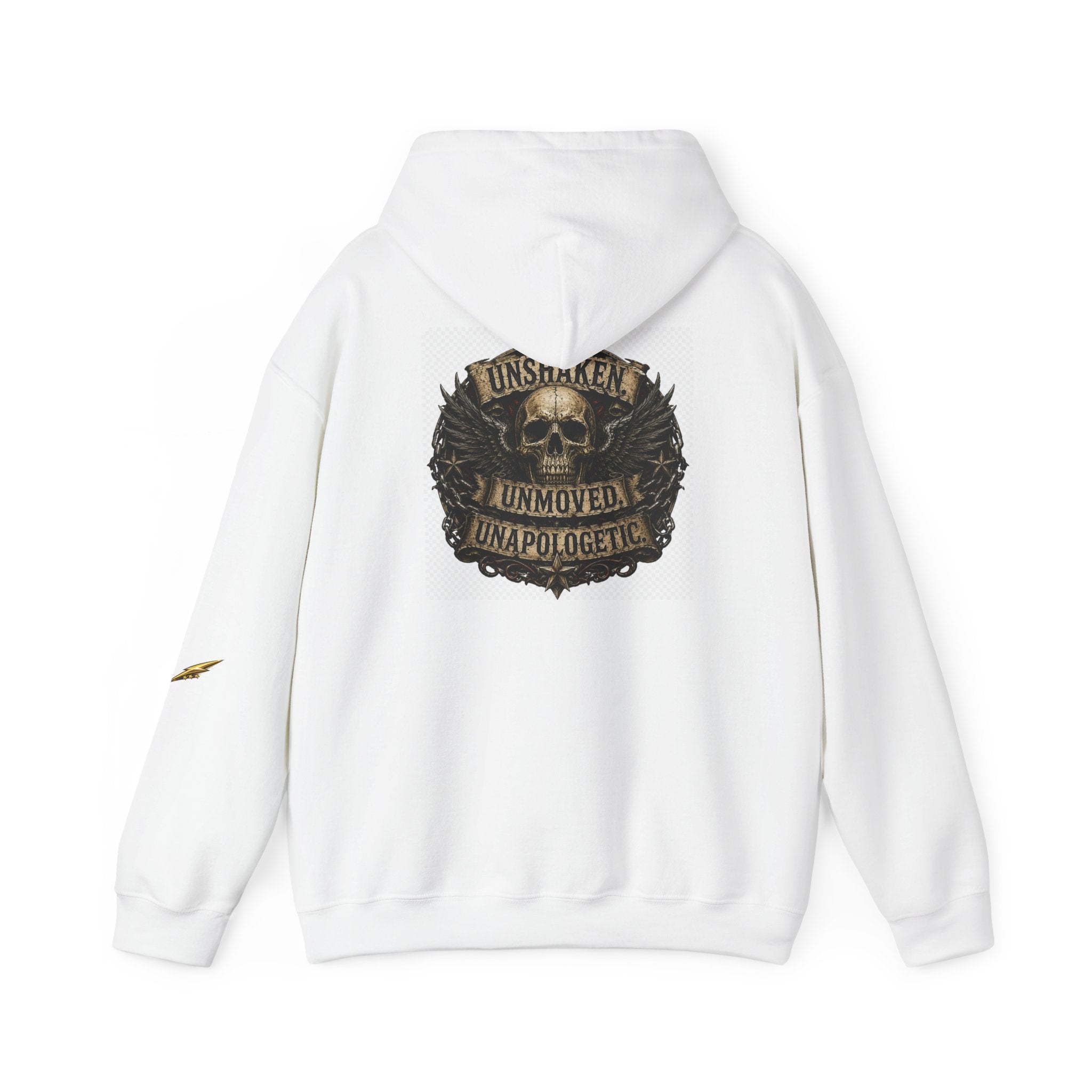 Hoodie — "Unshaken, Unmoved, Unapologetic" Skull Crest Back Print
