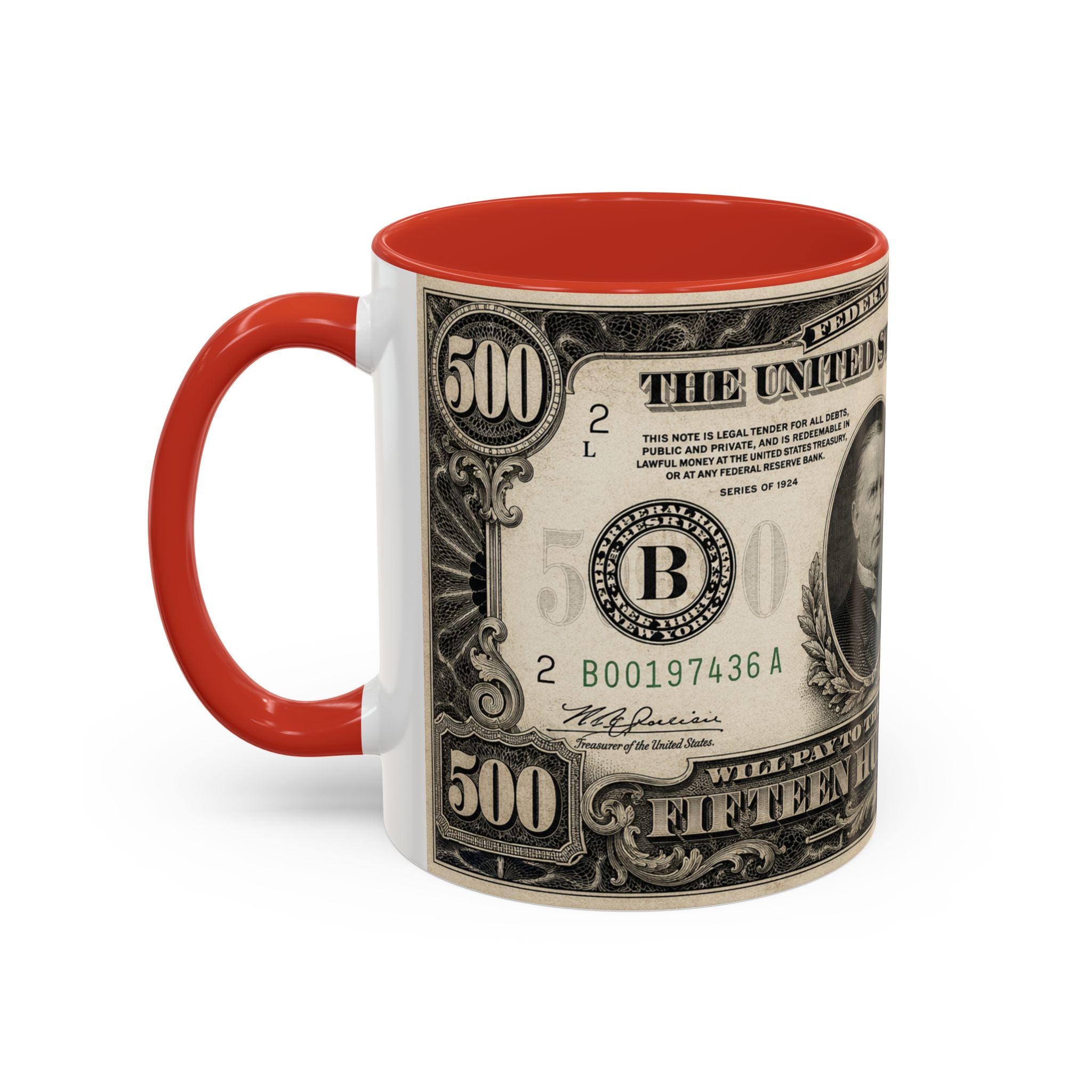 Money Print Coffee Mug — Vintage 1000 & 500 Note Accent Mug