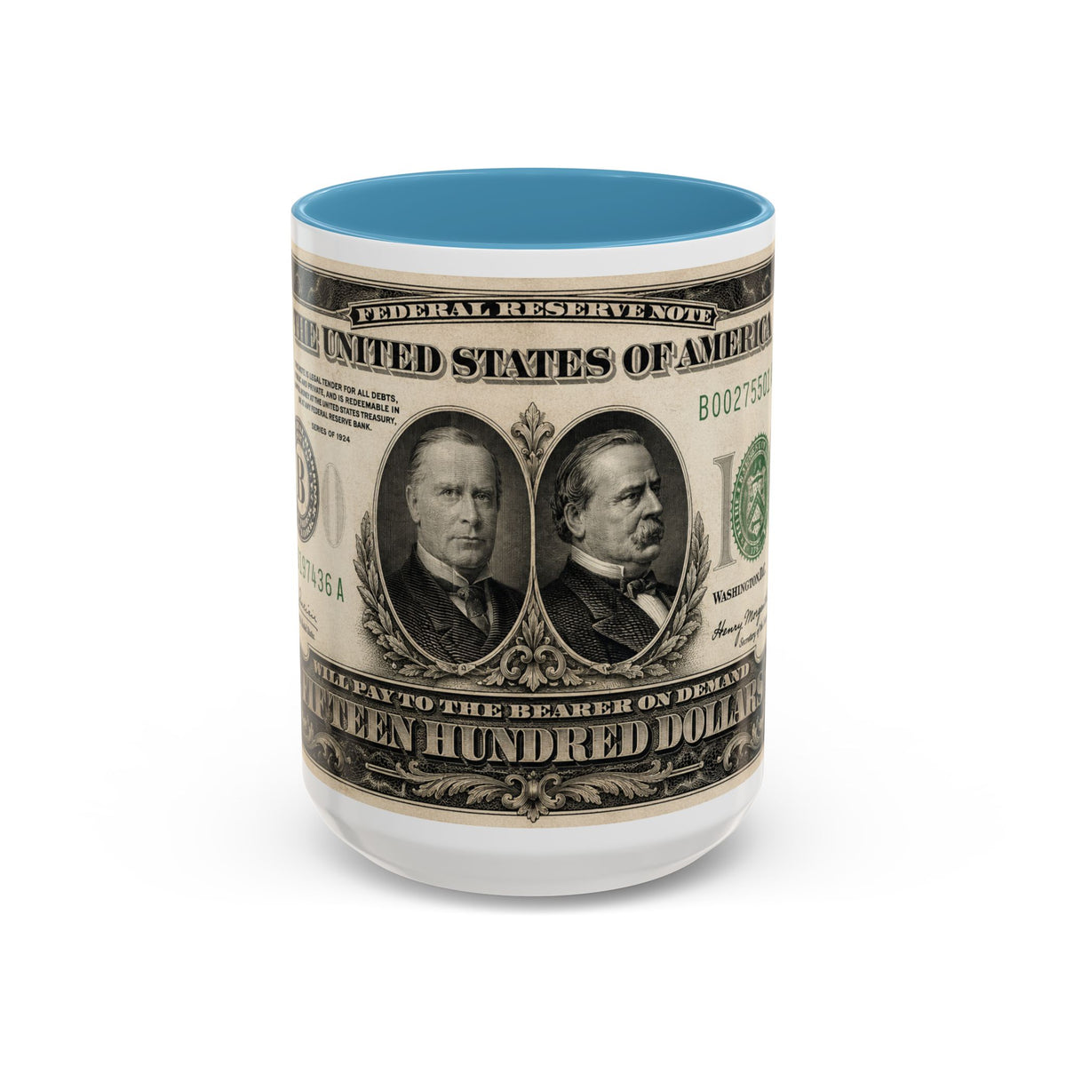 Money Print Coffee Mug — Vintage 1000 & 500 Note Accent Mug