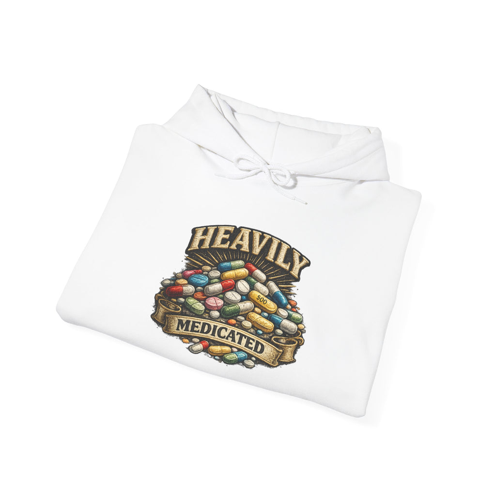 Heavily Medicated Hoodie — 'Heavily Medicated' Pill Pile Graphic Pullover