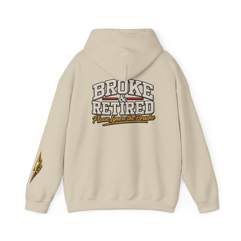 Broke & Retired Hoodie — 'Please Ignore the Pockets' Graphic Sweatshirt