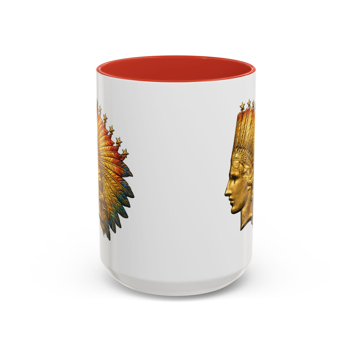 Golden Native Headdress Accent Coffee Mug – Vintage Indian Chief Design (11/15oz)