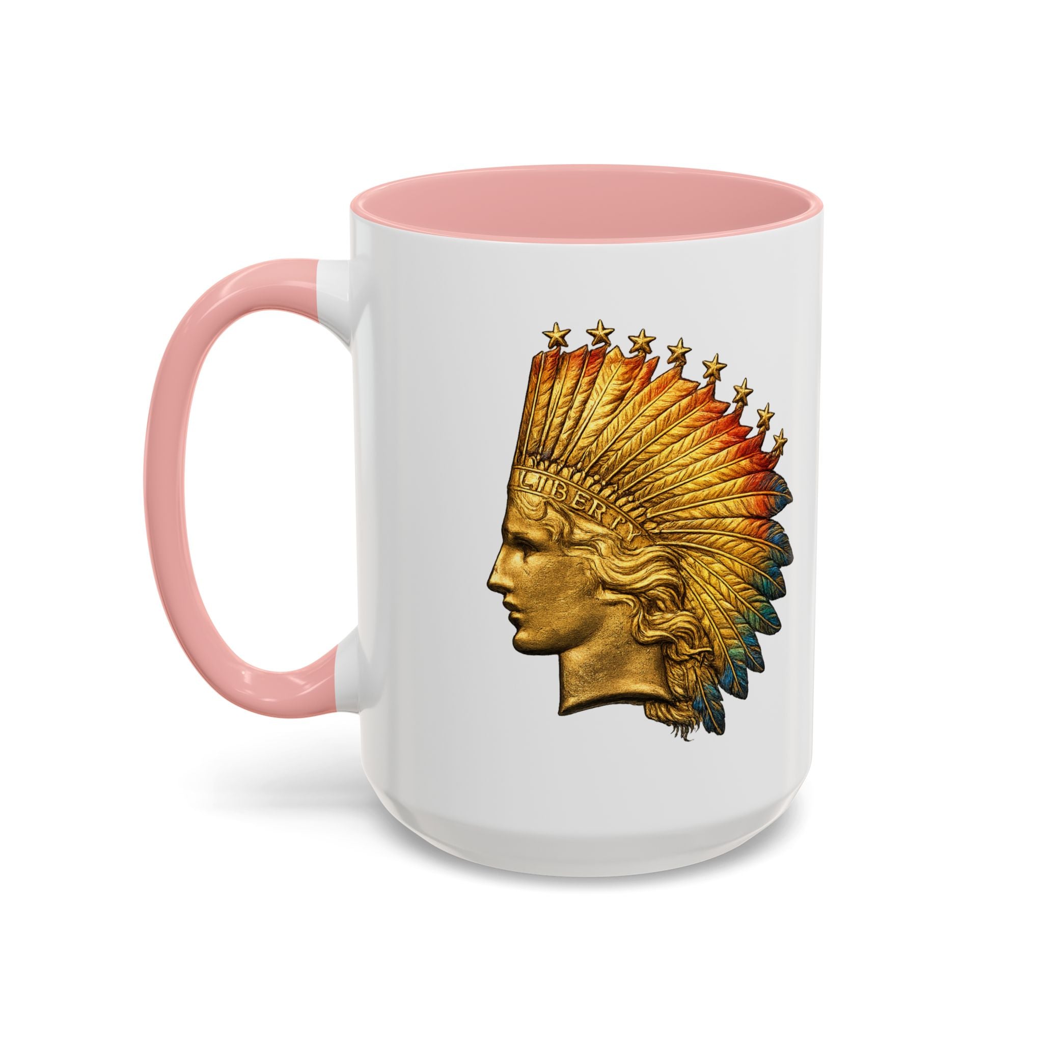 Golden Native Headdress Accent Coffee Mug – Vintage Indian Chief Design (11/15oz)