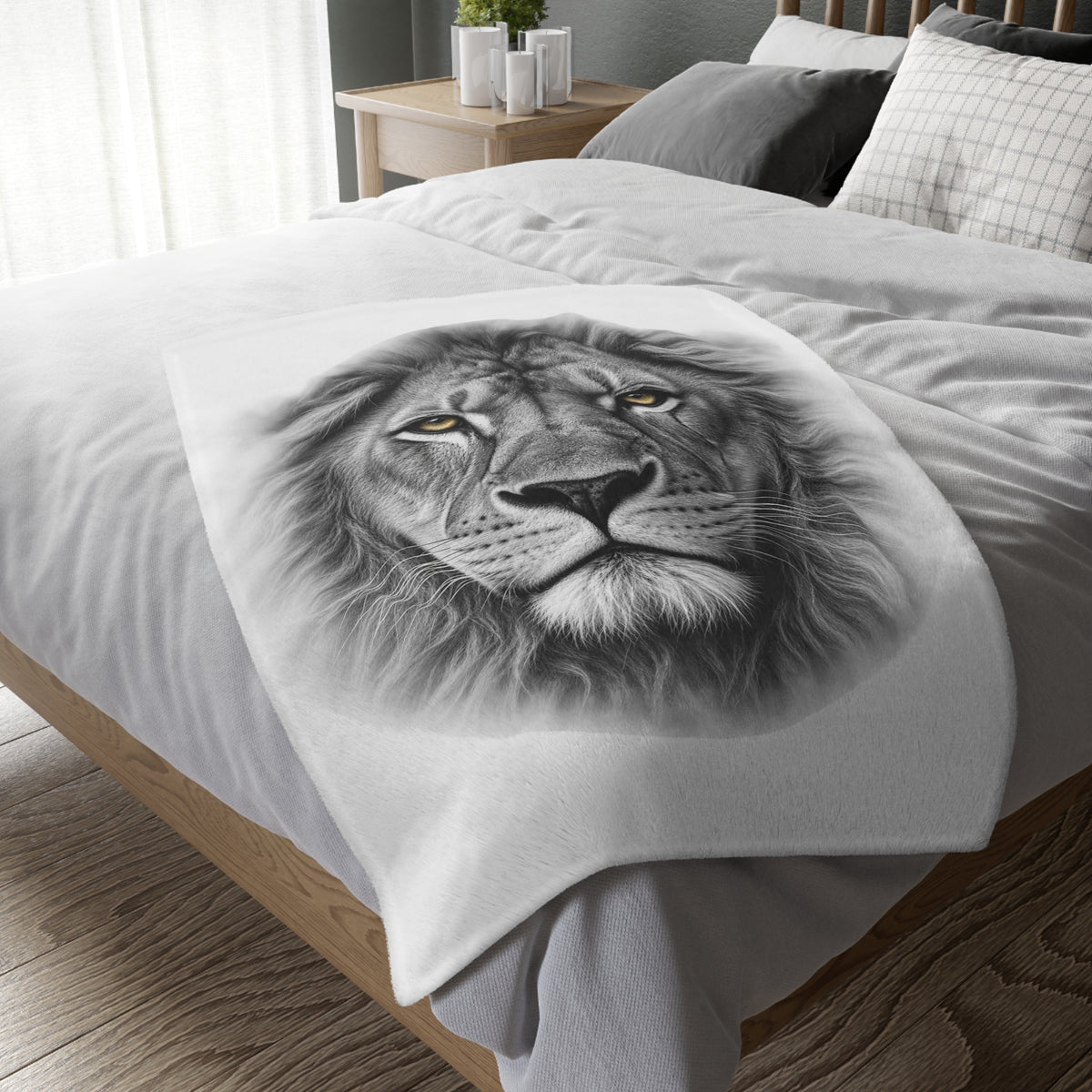 Lion Portrait Microfiber Blanket — Realistic Black & White Lion Face Throw