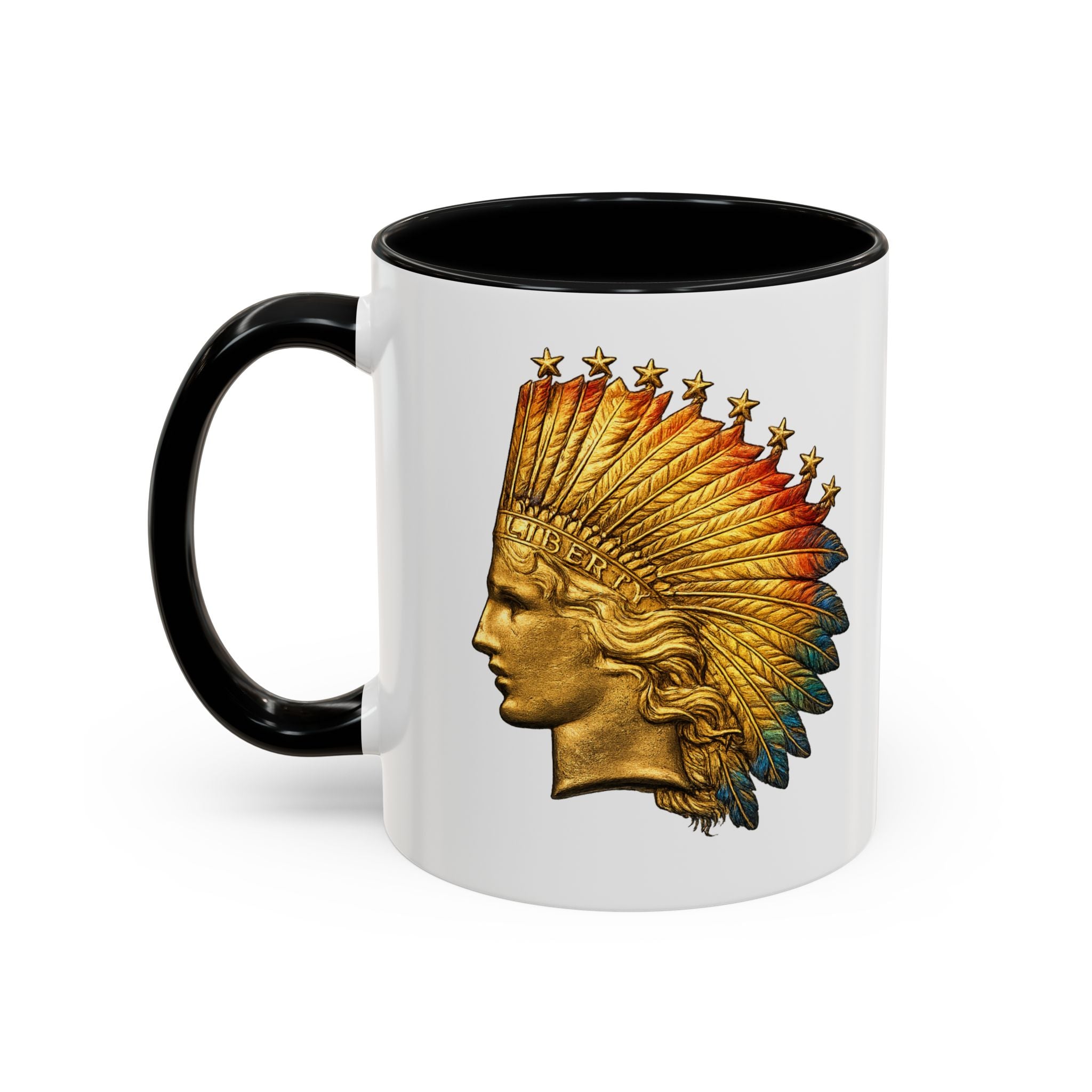 Golden Native Headdress Accent Coffee Mug – Vintage Indian Chief Design (11/15oz)