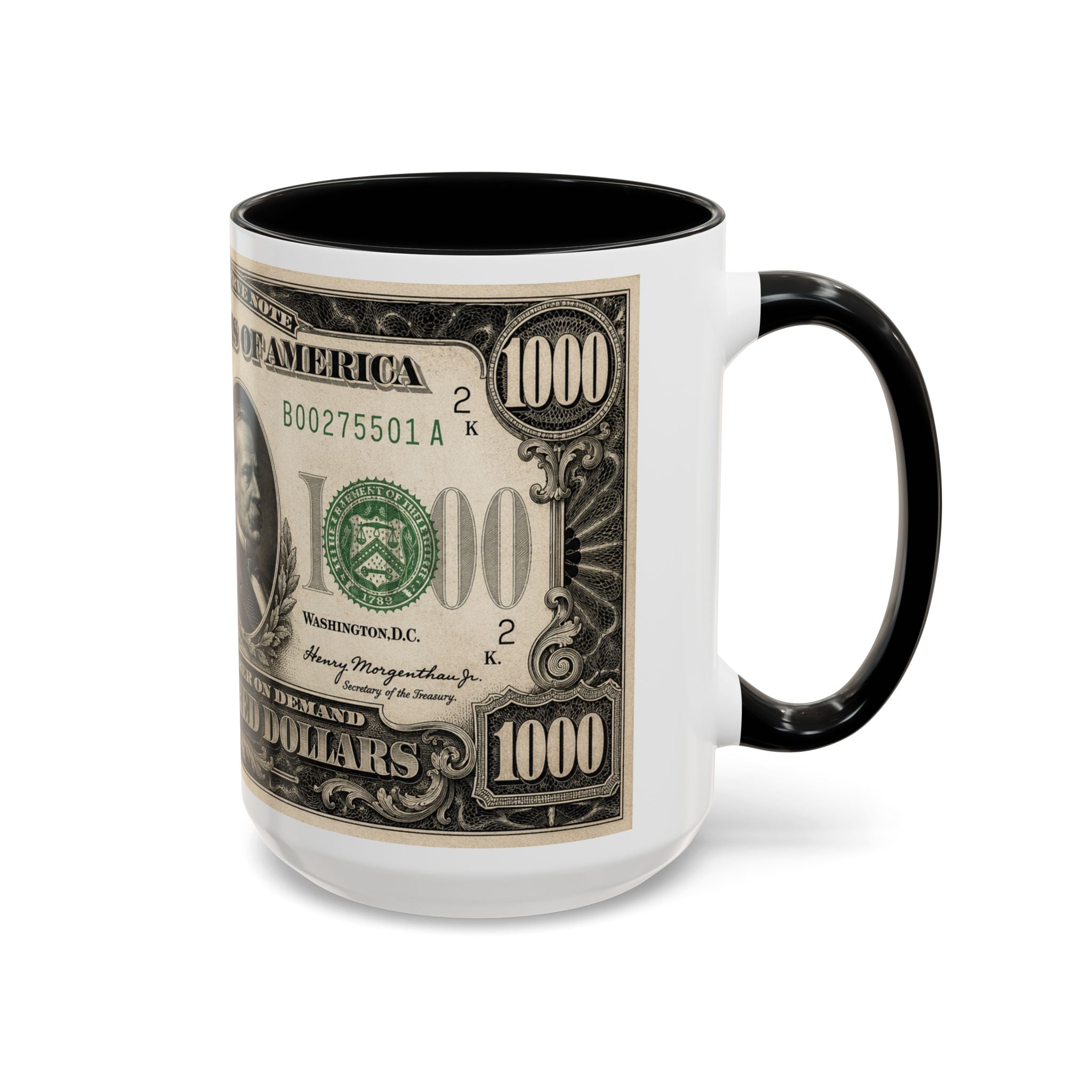 Money Print Coffee Mug — Vintage 1000 & 500 Note Accent Mug