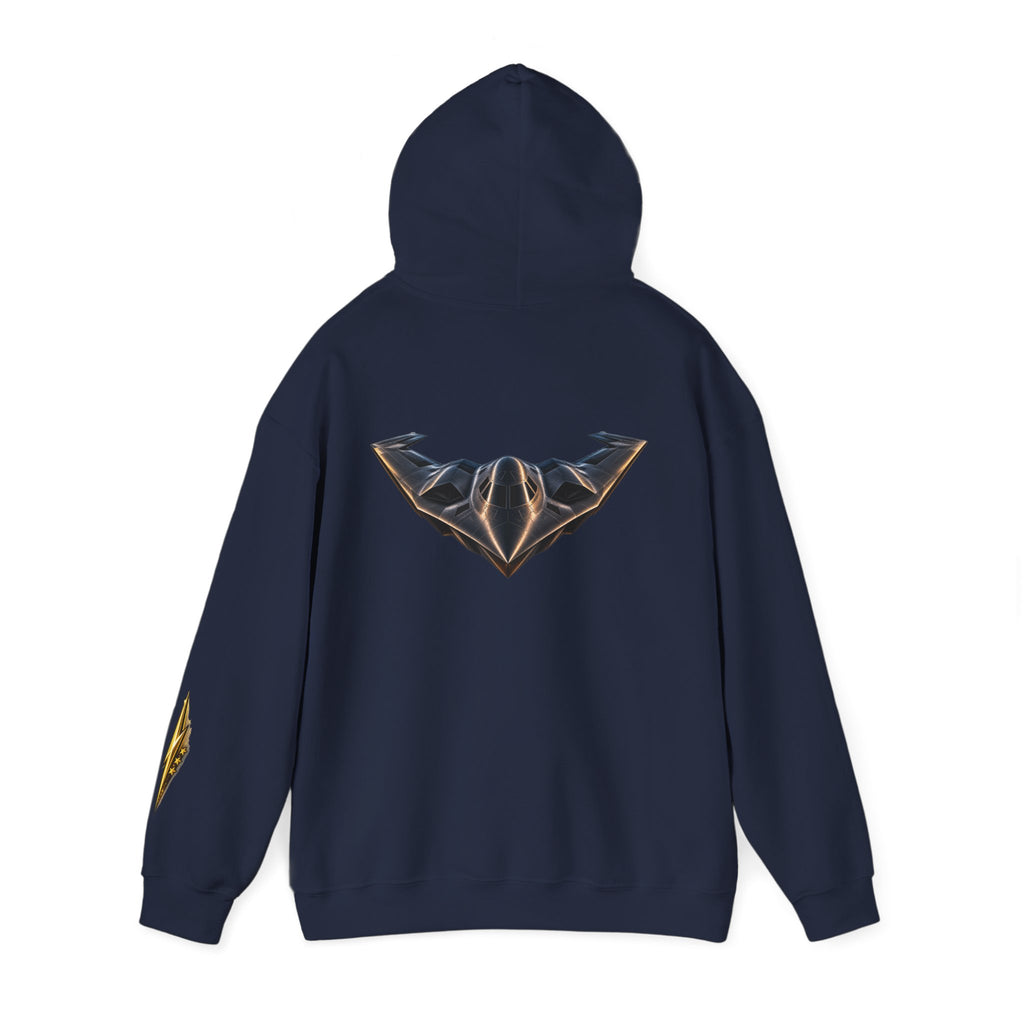 Emblem Armor Hoodie — Black Metallic Crest Back Jet Graphic Hoodie