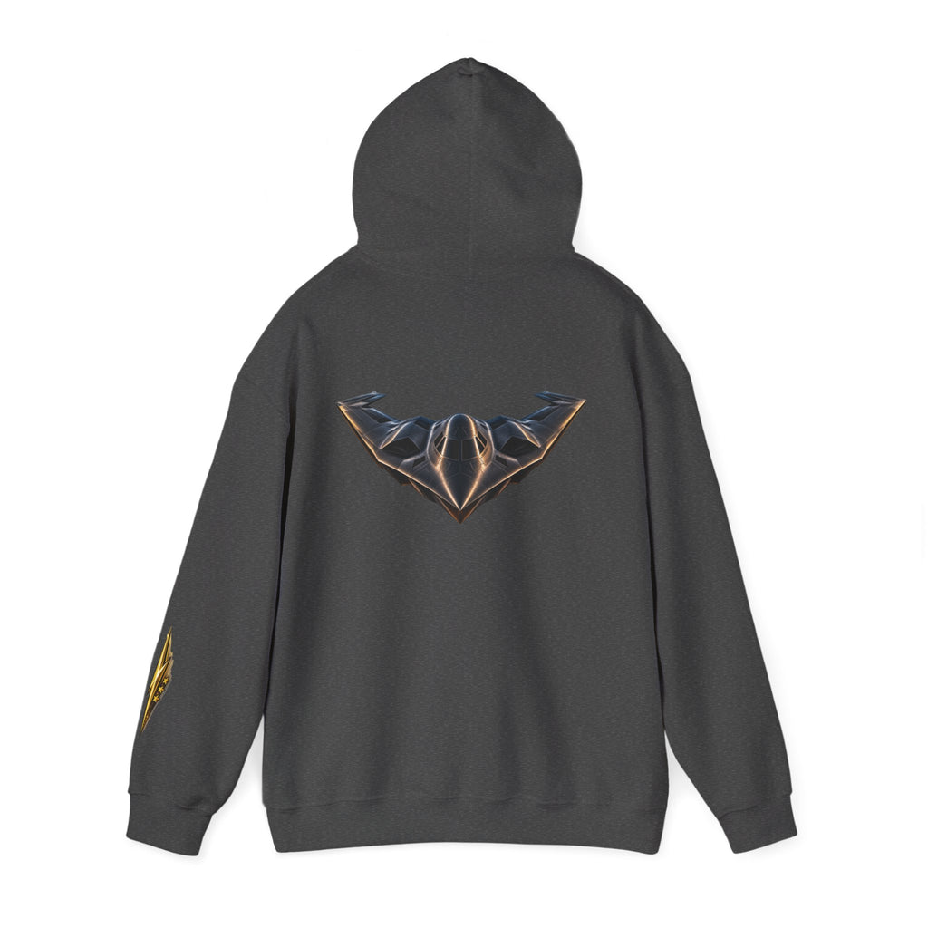 Emblem Armor Hoodie — Black Metallic Crest Back Jet Graphic Hoodie