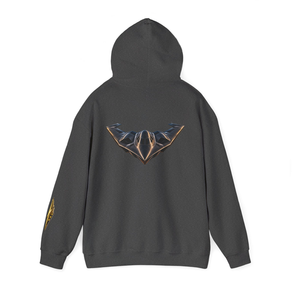 Emblem Armor Hoodie — Black Metallic Crest Back Jet Graphic Hoodie