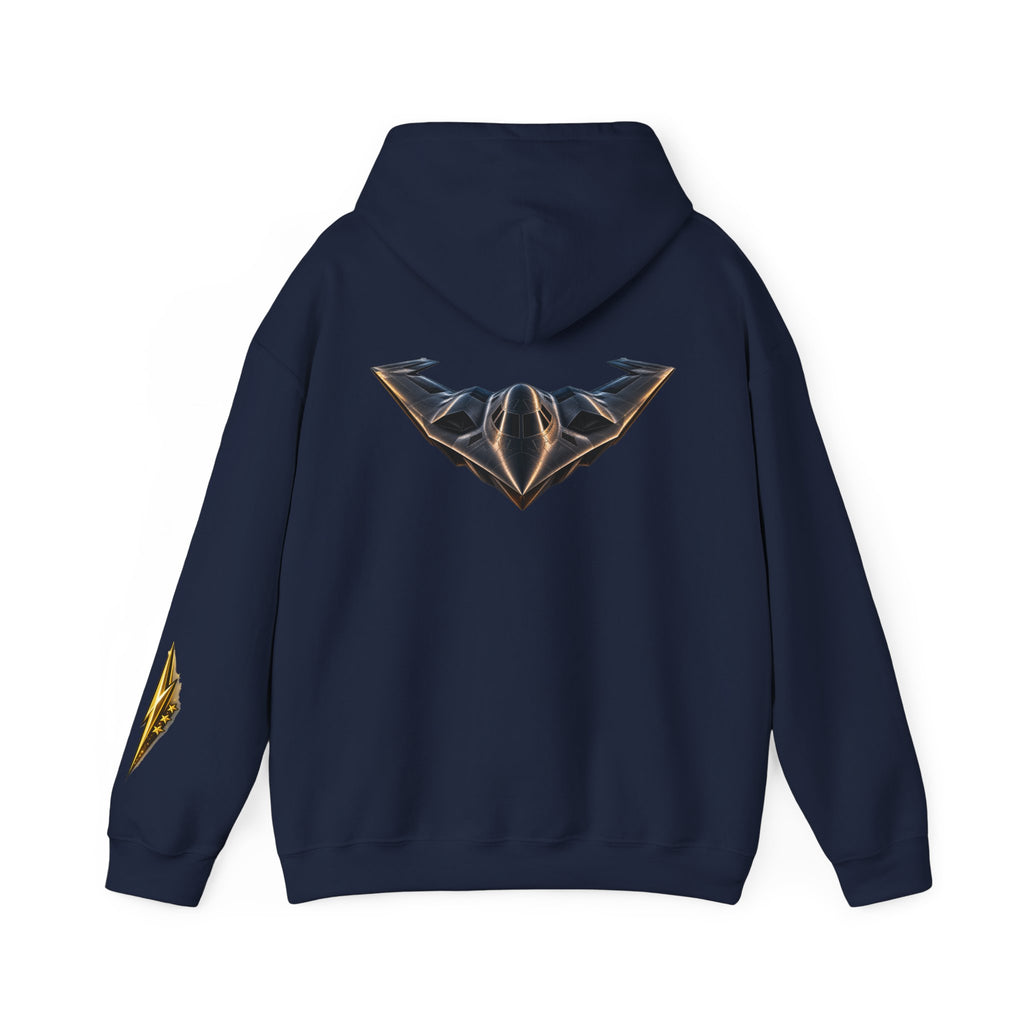 Emblem Armor Hoodie — Black Metallic Crest Back Jet Graphic Hoodie