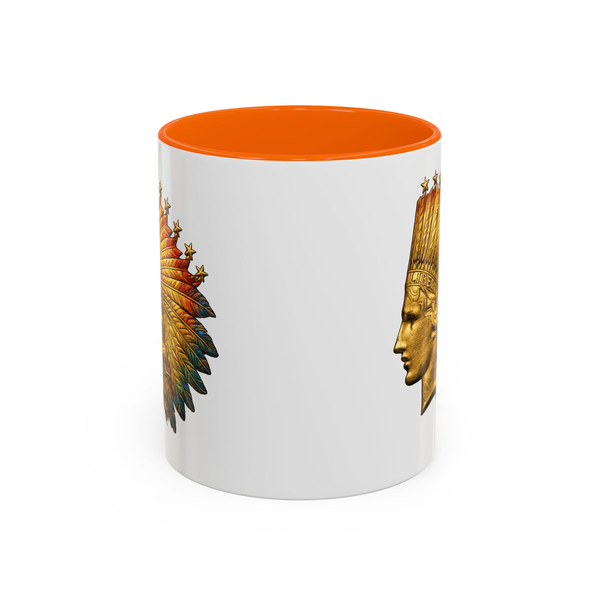 Golden Native Headdress Accent Coffee Mug – Vintage Indian Chief Design (11/15oz)