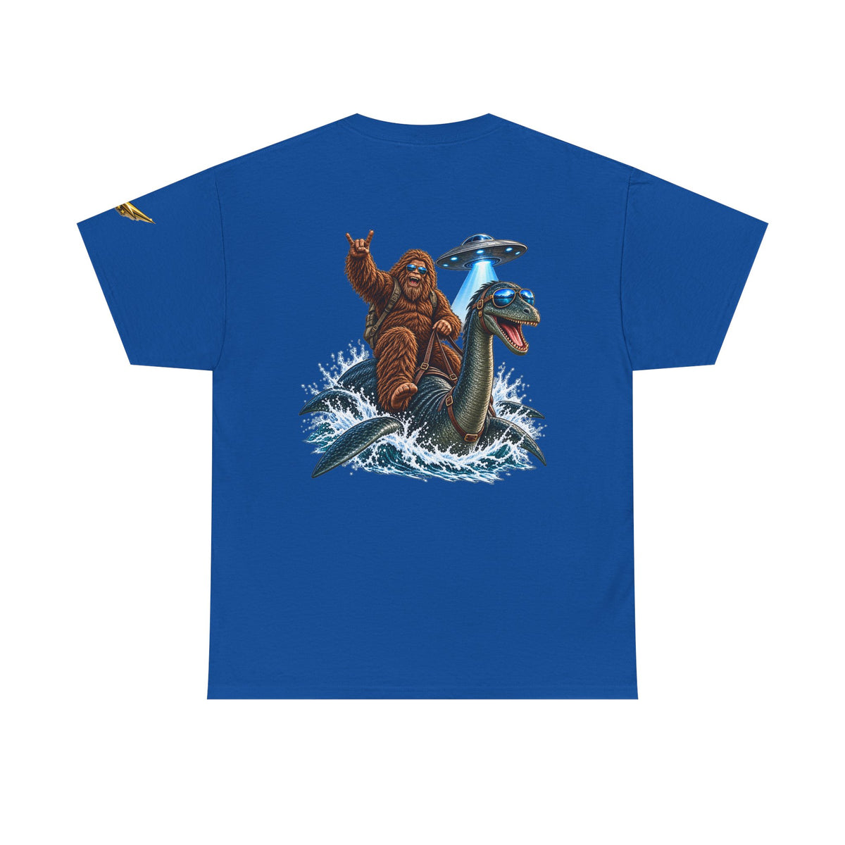 T-Shirt — Sasquatch Riding Loch Ness Monster with UFOs Graphic Tee