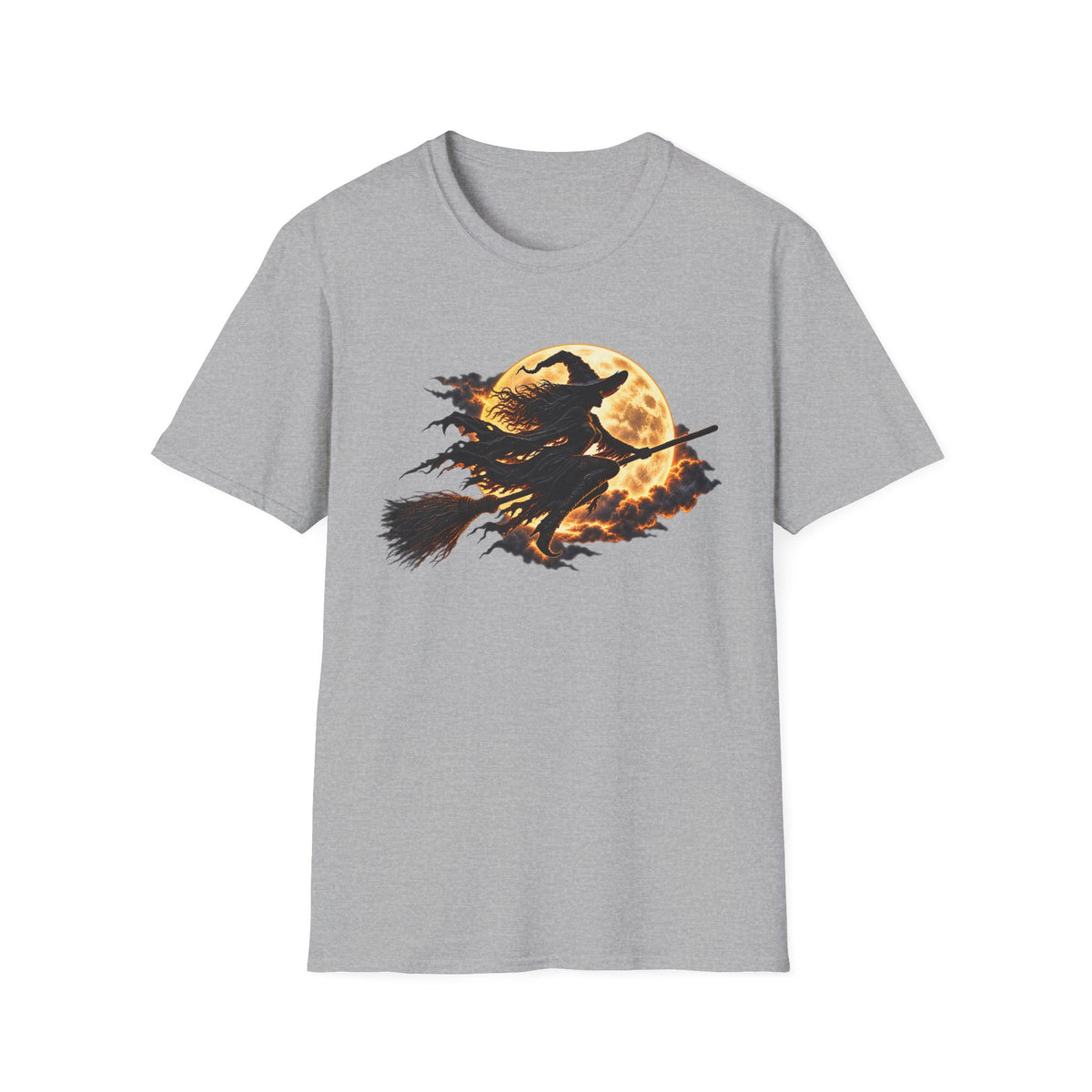 Witch Silhouette T-Shirt — Flying Witch & Full Moon Halloween Tee