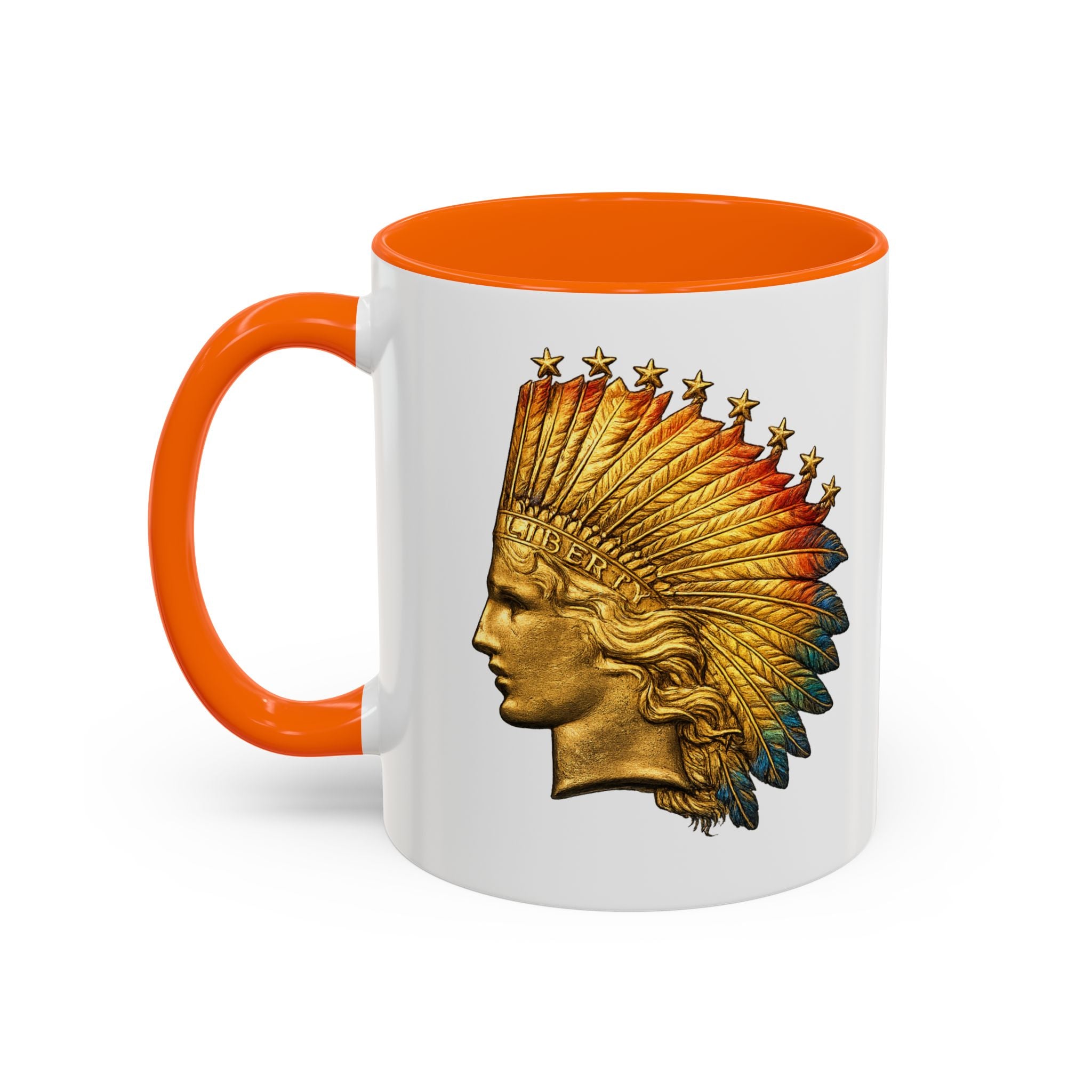 Golden Native Headdress Accent Coffee Mug – Vintage Indian Chief Design (11/15oz)