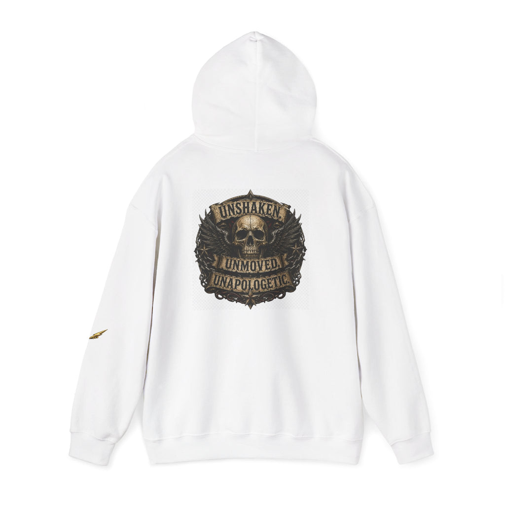 Hoodie — "Unshaken, Unmoved, Unapologetic" Skull Crest Back Print