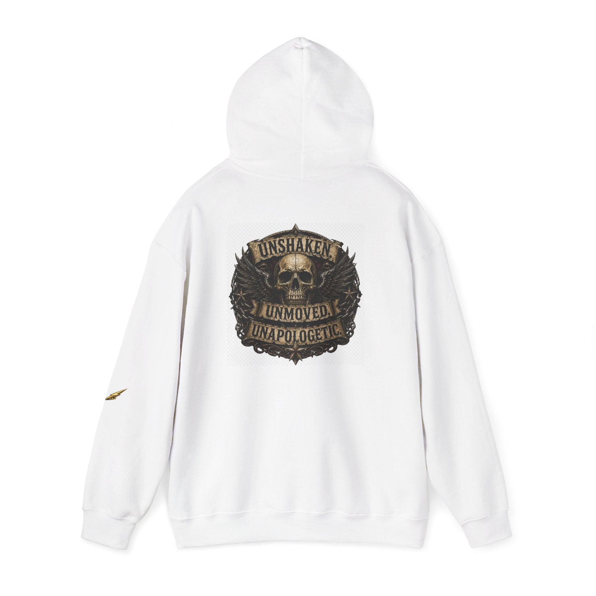 Hoodie — "Unshaken, Unmoved, Unapologetic" Skull Crest Back Print