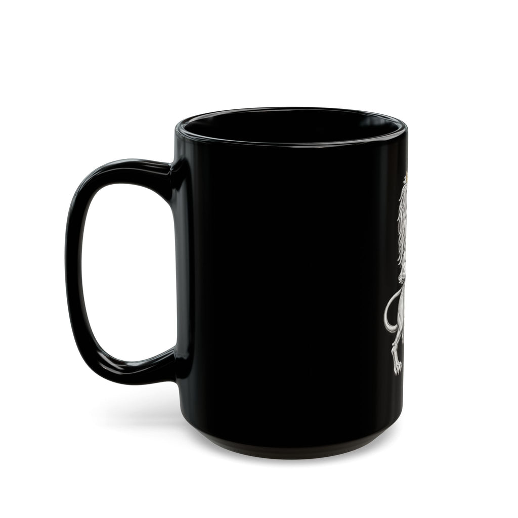 Regal Lion Crest Black Mug – Crowned Lion with Sun Shield, Medieval Heraldry Coffee Cup