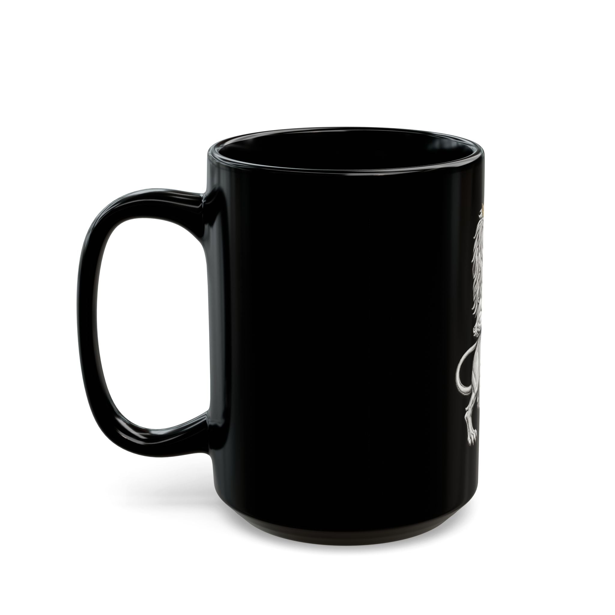 Regal Lion Crest Black Mug – Crowned Lion with Sun Shield, Medieval Heraldry Coffee Cup