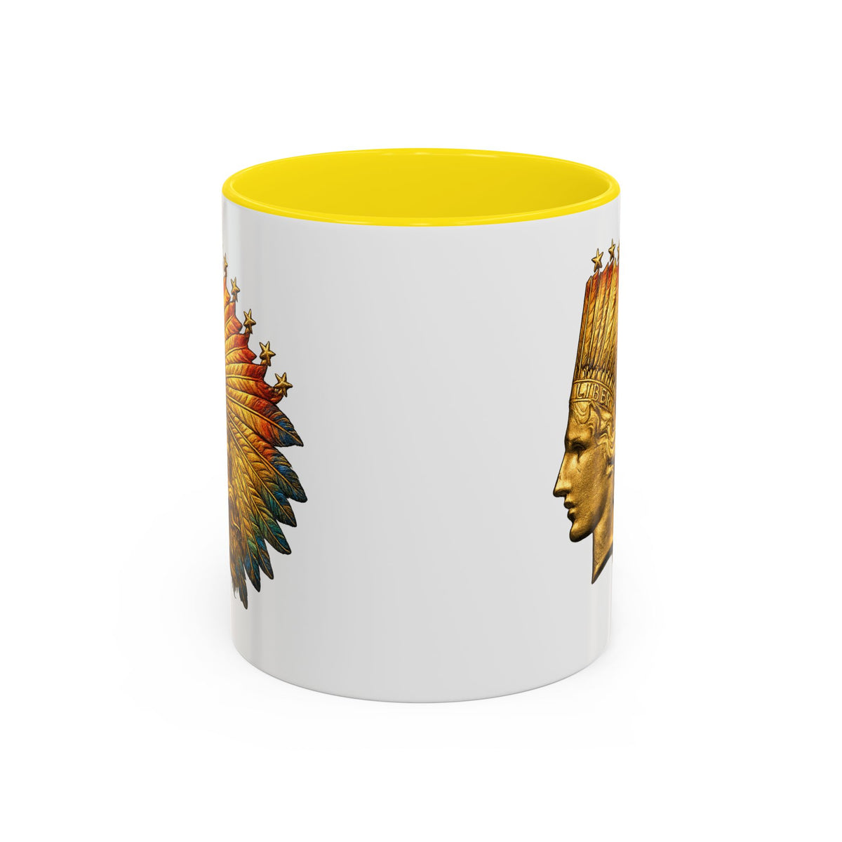 Golden Native Headdress Accent Coffee Mug – Vintage Indian Chief Design (11/15oz)