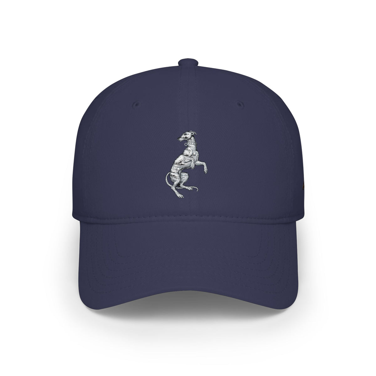 Silver Prancing Greyhound Embroidery — Low Profile Baseball Cap