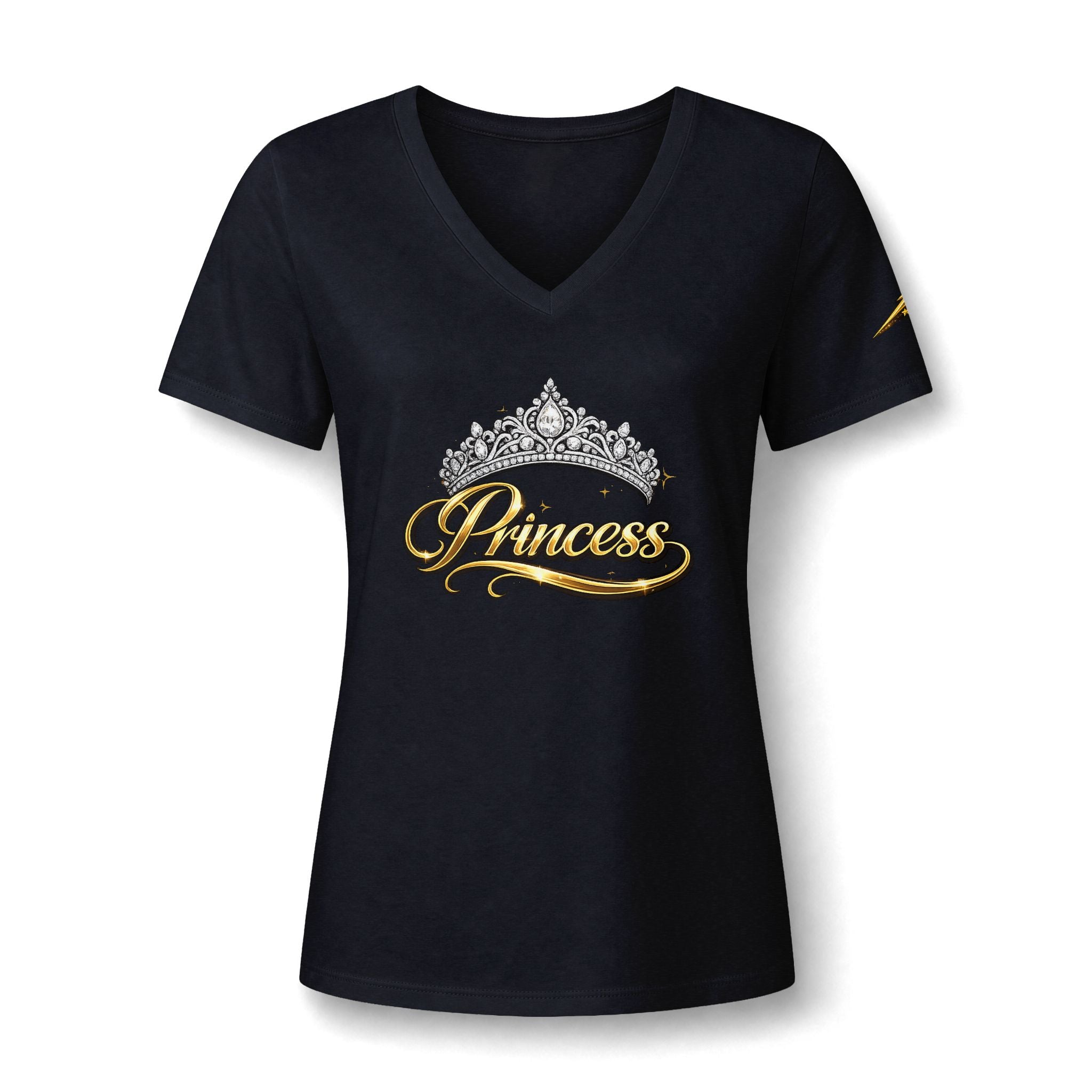 Princess V-Neck Tee — Rhinestone Tiara Graphic Shirt for Women