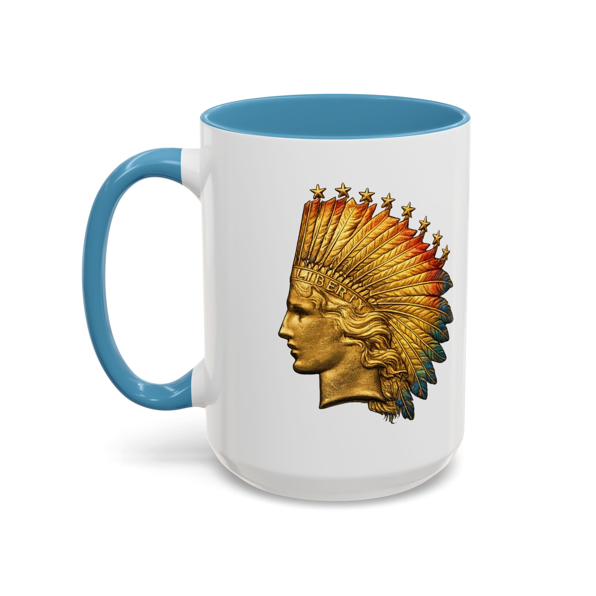 Golden Native Headdress Accent Coffee Mug – Vintage Indian Chief Design (11/15oz)