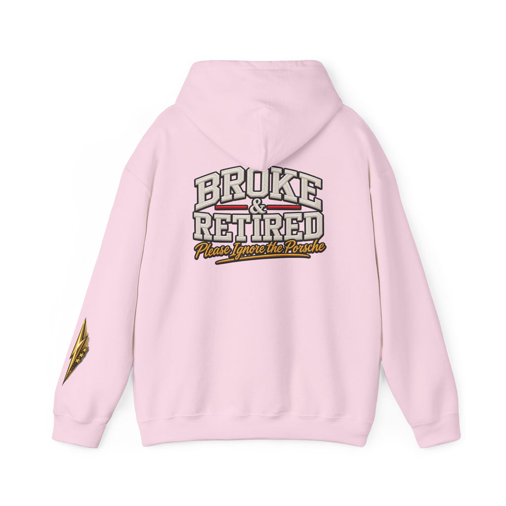 Broke & Retired Hoodie — 'Please Ignore the Pockets' Graphic Sweatshirt