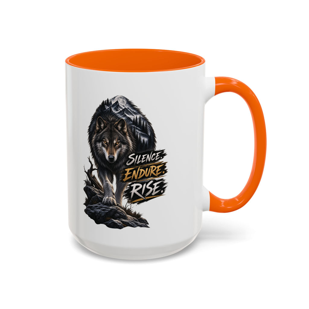 Wolf Graphic Coffee Mug — "Silence Endure Rise" Accent Ceramic Mug (11/15oz)