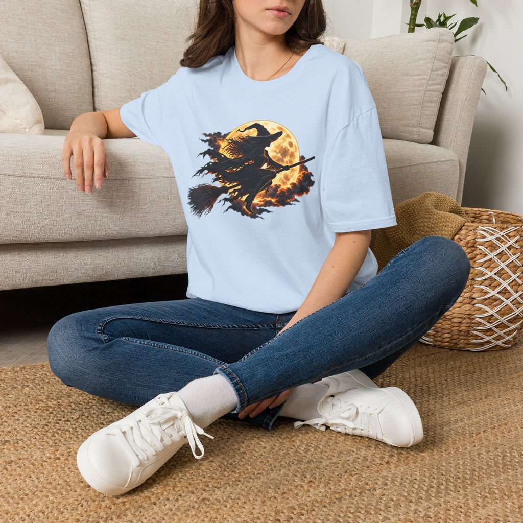 Witch Silhouette T-Shirt — Flying Witch & Full Moon Halloween Tee