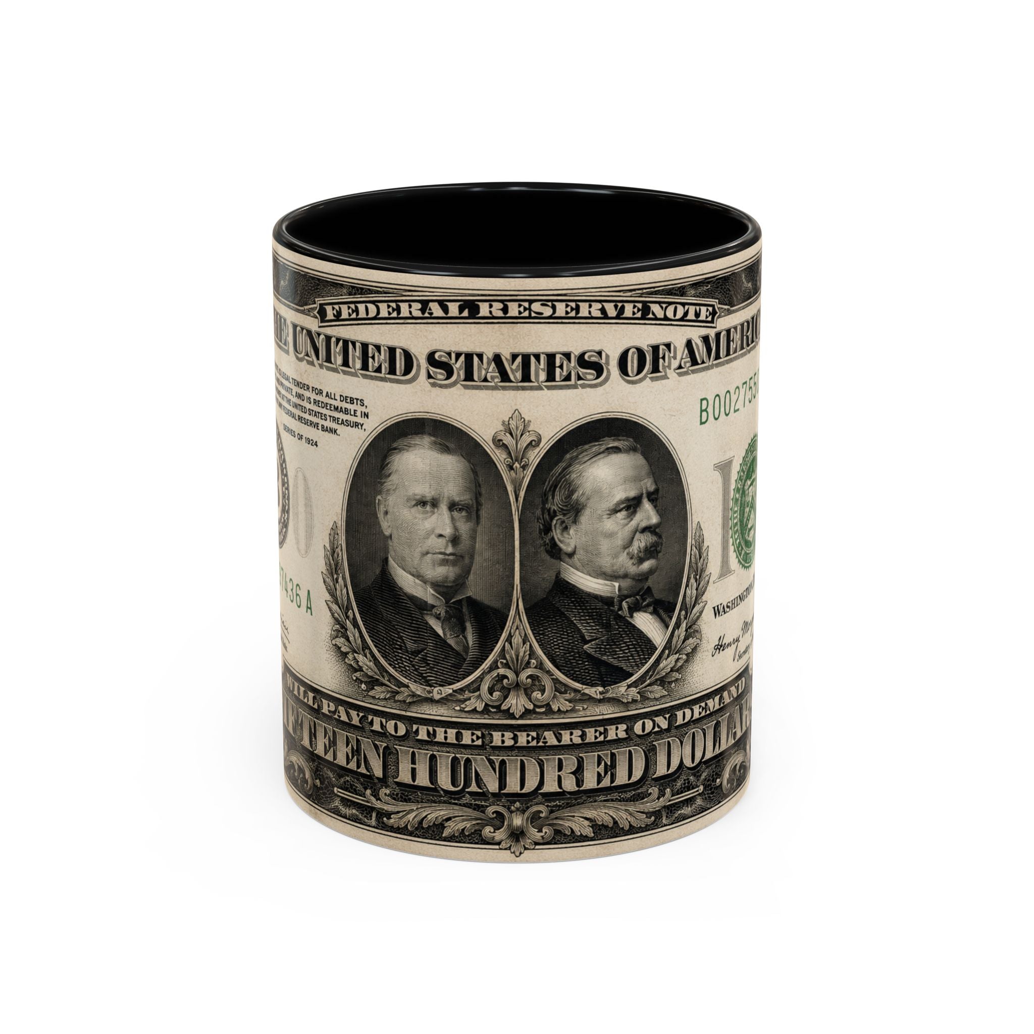 Money Print Coffee Mug — Vintage 1000 & 500 Note Accent Mug