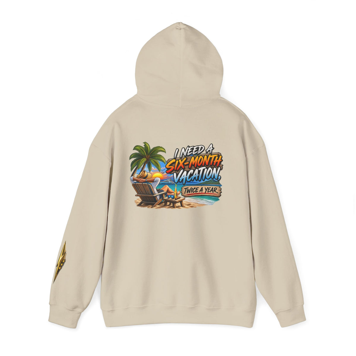 Vacation Hoodie — "I Need a Six-Month Vacation, Twice a Year" Tropical Graphic