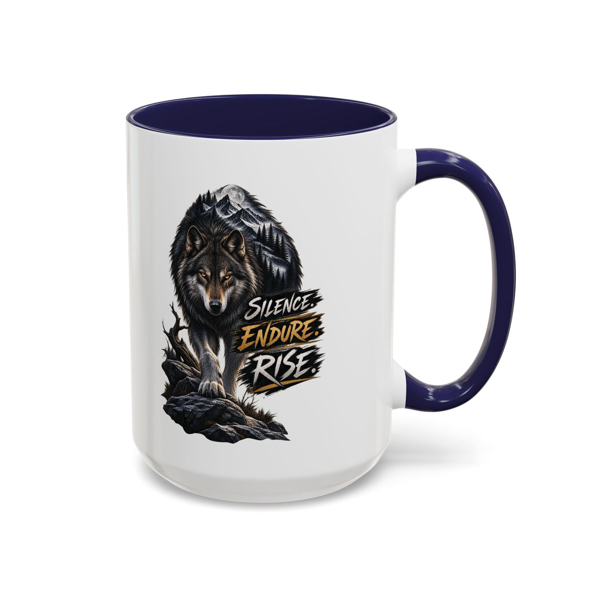 Wolf Graphic Coffee Mug — "Silence Endure Rise" Accent Ceramic Mug (11/15oz)